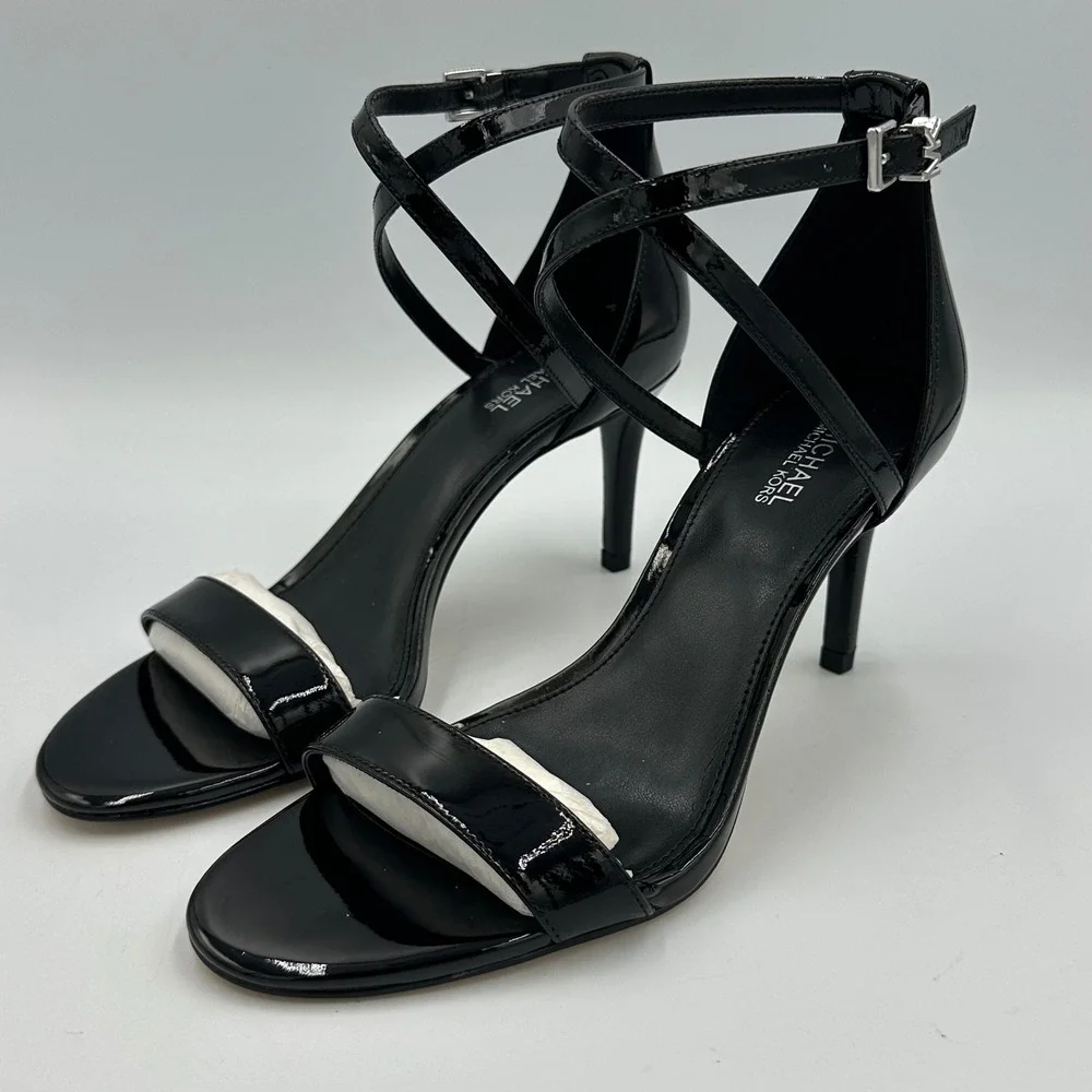 Michael Kors Ava Mid Sandal wmns 6 Black Patent Leather Stiletto Heel Sleek Chic